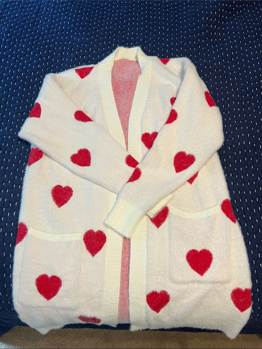 Heart-Print Open Front Cardigan Sweater - White with Red Hearts